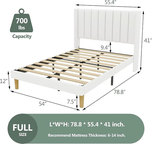 alazyhome Platform Bed Frame Full Size with Upholstered Headboard, Solid Wood Slats Support, No Box Spring Needed, Noise Free, Easy Assembly, Modern Fabric Bed, White