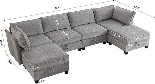 ORRD Oversize Modular Sectional Sofa Set, Convertible U Shaped Couch with Storage, 6 Seater Sofa Modular with Ottomans and Reversible Chaise for Living Room, Office (Grey)