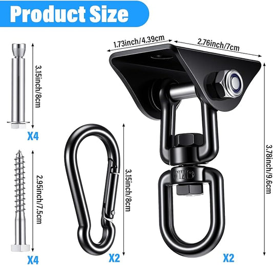 2 Pcs Swing Hanging Kit, Heavy Duty 2000 LB Capacity 360 Degree Rotating Hangers, Hardware for Porch Swing, Hammock, Chair, Yoga, Playground, Indoor and Outdoor Use, Black