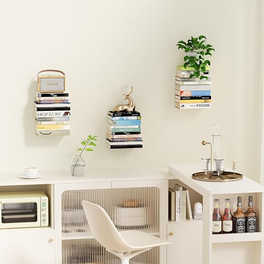 Mefirt Invisible Floating Bookshelves for Wall, 6 Tier Vertical Spine Book Tower, Heavy Duty Floating Book Shelves Metal Book Organizers for Home Office, 3 Pack(Black)