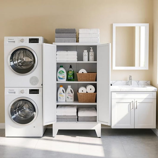 48" H White Steel Pantry Storage Cabinet with 3 Adjustable Shelves | 4-Tier Tall Metal Cabinets for Kitchen, Living Room, Garage, Heavy Duty Freestanding Utility Cabinet, Assembly Required