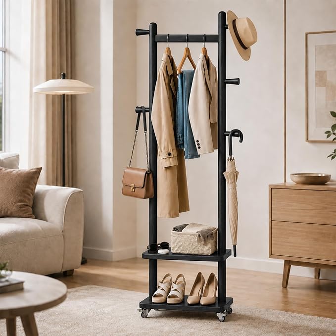 Solid Wood Coat Rack Freestanding Clothing Rack with Wheels & 2 Shelves Storage & 5 Hooks Heavy Duty Clothes Rack Wood Coat Tree Stand Hat Hanger Rack for Corner Bedroom Entryway Living Room Hotel
