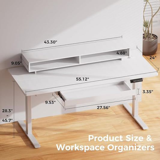 GTPLAYER Electric Standing Desk with Drawers, 55 x 24 Inch Height Adjustable Gaming Desk with Monitor Stand, Power Outlets & LED Lights, Home Office Sit Stand Up Desk with Memory Preset (White)
