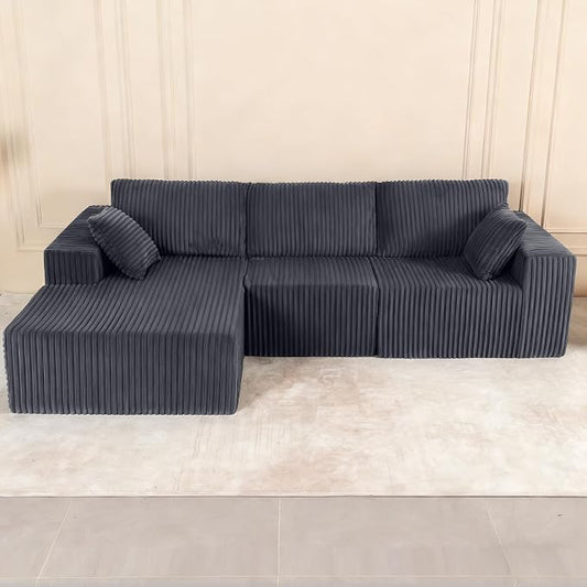 L Shaped Modular Boneless Sectional Couches for Living Room, Wide Armrest, Deep Seat, Memory Foam, Assembly Free, Modern Comfy Corduroy Fluffy Cloud Sofa with Left Chaise, Grey