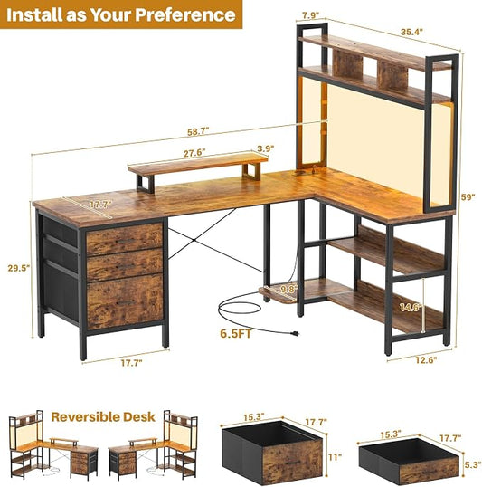 Aheaplus L Shaped Desk with Hutch, Gaming Desk with Led Lights, Reversible Computer Desk with Power Outlet, Corner Desk with File Drawer & Monitor Stand, Storage Shelves for Home, F1, Rustic Brown