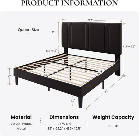 SHA CERLIN Queen Size Platform Bed Frame, Velvet Upholstered Bed with Adjustable Headboard, Vertical Channel Tufted Design, Sturdy Wood Slat Support, No Box Spring Needed, Easy Assembly, Black
