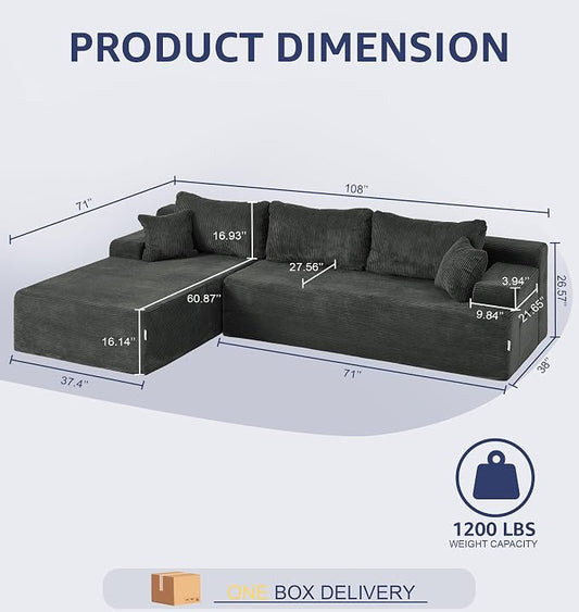 Hobestluk Modular Sectional Sofa Couches L-Shape Couch 3 Seat Modular Sofa Memory Foam Sectional Couches for Living Room, Cloud Couch with Oversized Chaise (Grey Corduroy, 108", Left Hand Facing)