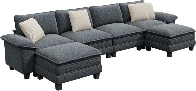 PHI VILLA Cloud Modular Couch Sets, 157.5" Oversized Sectional Sofa with U-Shaped Chaise, 6-Seater Couches with Movable Ottomans for Living Room, Chenille Dark Cyan
