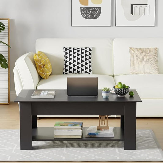 FDW 47" Lift Top Coffee Table with Hidden Large Storage Shelf and Compartment Lifted Wooden Dining Table for Living Room Home Office,Black