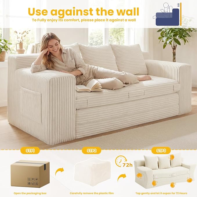 Boneless Couch,3 Seater Boneless Couch Bed – 3-in-1 Convertible Sleeper Sofa with Side Pockets & Handle,Pull Out Corduroy Futon for Small Space,Living Room & Bedroom, 3 Pillows Included,No Assembly