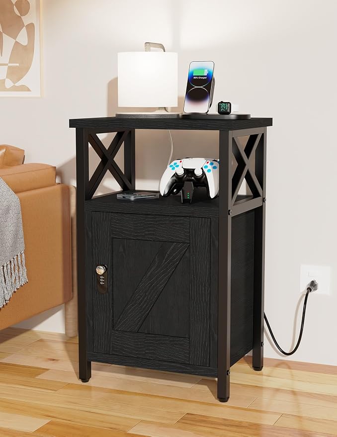 runjuly Wooden Nightstand with Charging Station, Bed Side Table with Drawers, Bedside Table with Lock, 3 USB & 2 Outlets, Night Stand with Cabinet Storage, End Table for Bedroom, Black