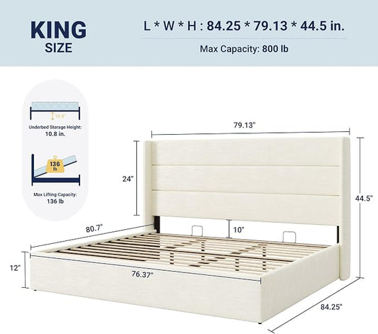 Allewie King Size Lift Up Storage Bed, Chenille Fabric Upholstered, Modern Wingback Headboard, Hydraulic Support, No Box Spring Needed, Cream White