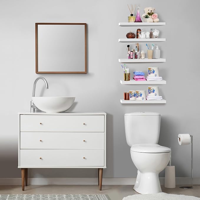 Sorbus Floating Shelves for Wall – 16 Inch Floating Shelf for Kitchen, Bedroom, Living Room, Bathroom, Home & Wall Decor - Mounted Bathroom Shelves with Invisible Brackets (White, 5 Pack)