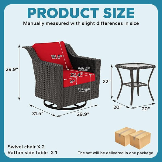 6 Pieces Patio Conversation Furniture Set - 4 Swivel Chairs, 2 Side Tables, Outdoor Wicker Furniture with Removable Cushions for Porch, Sunroom (Red)