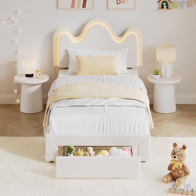 IDEALHOUSE Full Bed Frame with LED Headboard and Under-Bed Drawer, Metal Upholstered Platform Bed with LED Light for Kids, Girls, Lamb Fleece Fabric, Wooden Slats Support, No Box Spring Needed, White