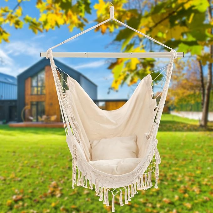 Hammock Chair, Hanging Rope Swing Seat with 2 Cushions,Macrame Hanging Chair Side Pocket with High Load-Bearing Metal Rod,for Indoor, Outdoor, Extra Comfortable