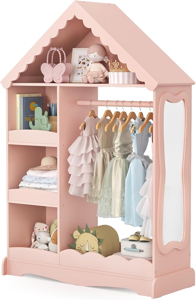 Curipeer Dollhouse Kids Dress Up Storage with Full-Length Mirror & Touch Activated Light, Open Hanging Kids Wardrobe Closet, Toddler Dress up Rack, Armoire Costume Organizer for Bedroom, Pink