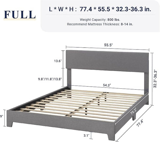 Allewie Full Size Bed Frame with Adjustable Headboard, Upholstered Platform Bed with Wood Slats, Heavy Duty Mattress Foundation, No Box Spring Needed, Noise-Free, Easy Assembly, Light Grey