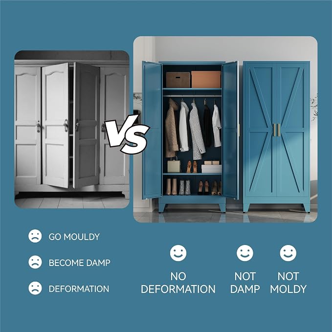 Metal armoire Wardrobe Closet with Hanging Rod,71'' Metal Wardrobe Cabinet with 2 Doors and 2 Adjustable Shelves, Bedroom armoires,Laundry Room cabinets,armario de ropa Closet