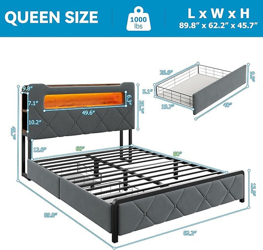 Jocoevol Queen Upholstered LED Bed Frame with 2 Storage Drawers and 2-Tier Storage Headboard, Velvet Platform Bed with Charging Station & Bookcase, Corner Bed Frame, Heavy Duty Metal Support, Grey