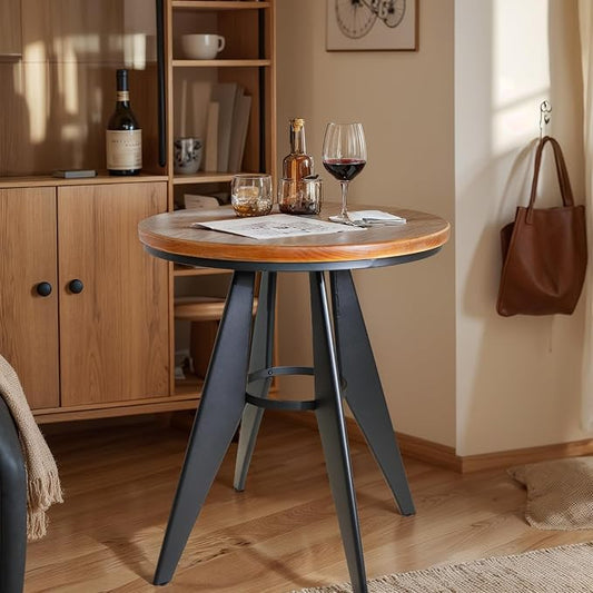 Round Cafe Table - 23.62" Pine Wood Top, Metal Frame, 28.15" High, Modern Industrial Dining Table for Kitchen, Home Office, Bistro, Compact for Space Saving, Black Base Brown Top