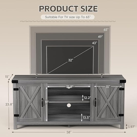 YESHOMY Modern Farmhouse TV Stand with Two Barn Doors and Storage Cabinets for Televisions up to 65+ Inch, Entertainment Center Console, Media Furniture for Living Room, 58 Inch, Gray Wash & Rustic