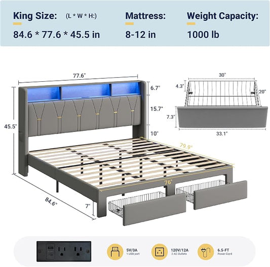 Allewie King Bed Frame with 2-Tier Storage Headboard, Charging Station & LED Lights, Velvet Upholstered Platform Bed with 2 Drawers, Wingback Headboard, Gold Button Tufted, No Box Spring Needed, Grey