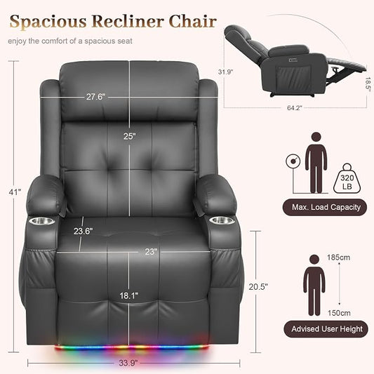 Extra Wide Seat Recliner Chair with Heat and Back Massage, Electric Power Oversized Reclining Chair Infinite Position with Storage Armrests & 2 Cup Holders for Living Room, Manual Recliners
