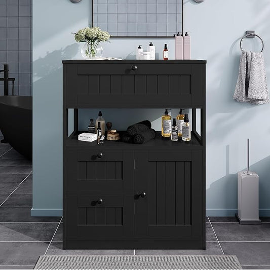 GRUSIGN Storage Cabinet, Modern Bathroom Floor Storage Cabinet Organizer with 1 Door and 3 Drawers, Freestanding Cupboard for Kitchen/Living Room Use