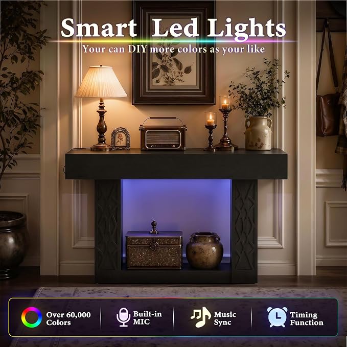 Unikito 47" Console Table with Outlets & LED Lights, Farmhouse Entryway Table with Unique Lattice Geometric Pattern, Sofa Table Behind Couch with 2-Tier Storage for Living Room, Hallway, Foyer, Black