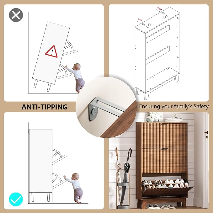 Shoe Cabinet Storage for Entryway with 3 Flip Drawers, Fluted Narrow Shoe Organizer with Wooden Legs, Freestanding Slim Shoe Storage Hidden Shoe Rack Organizer for Front Door Entrance, Hallway, Walnut