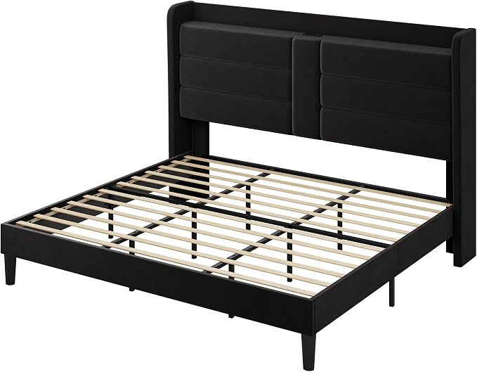 Allewie King Size Platform Bed Frame with Charging Station & Storage Headboard, Upholstered Velvet Wingback Design & USB Port, Strong Wooden Slats Support, No Box Spring Needed, Easy Assembly, Black