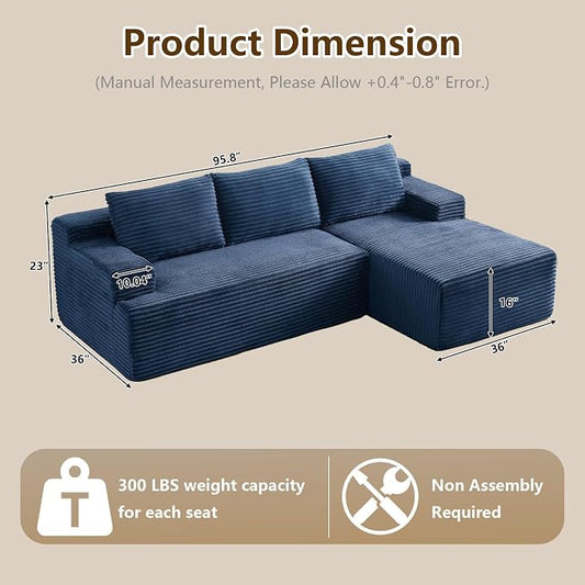 96.1" Modular Sectional Sofa Couches L-Shape Couch 3 Seat Modular Sofa Corduroy Memory Foam Sectional Boneless Couches for Living Room, Cloud Couch with Oversized Chaise(Blue, Right Facing)