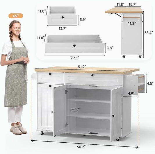 ONBRILL 60" Kitchen Island with Power Outlet & Drop Leaf, Rolling Island with Spice Rack & Towel Rack, Kitchen Island Cart with Trash Storage Cabinet, Island Table for Kitchen, White