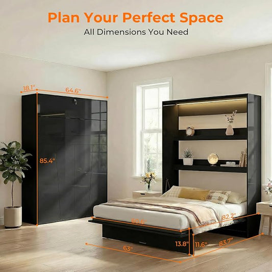 CECER Queen Vertical Murphy Wall Bed,Space Saving for Offices/Guest-Black | Durable Gas-Lift for smooth folding,16 Color Controllable LED Lights,Sturdy frame & Easy Assemble,High Gloss Panel