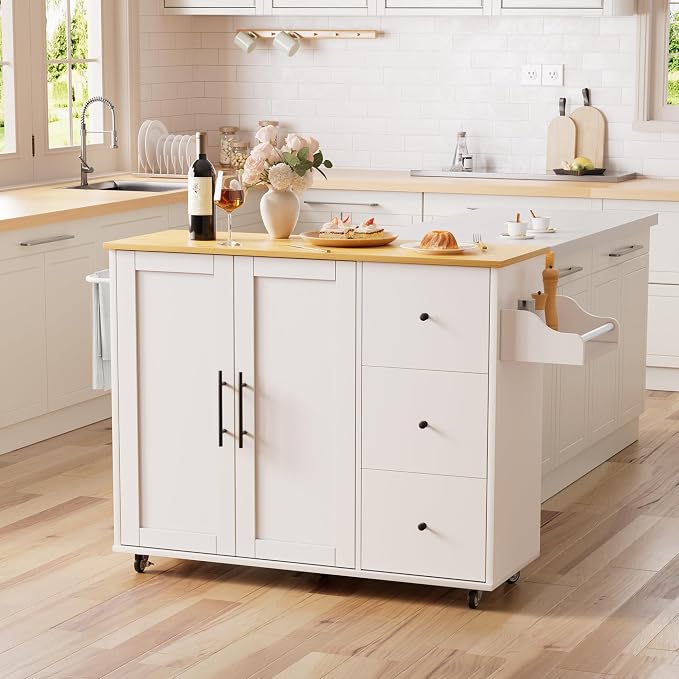 GRUSIGN Kitchen Island on Wheels with Storage-Multifunctional Kitchen Island Cart with Drop Leaf, Rolling Island with Spice/Towel Rack,Expandable Island Table Kitchen,39.37" Width,White