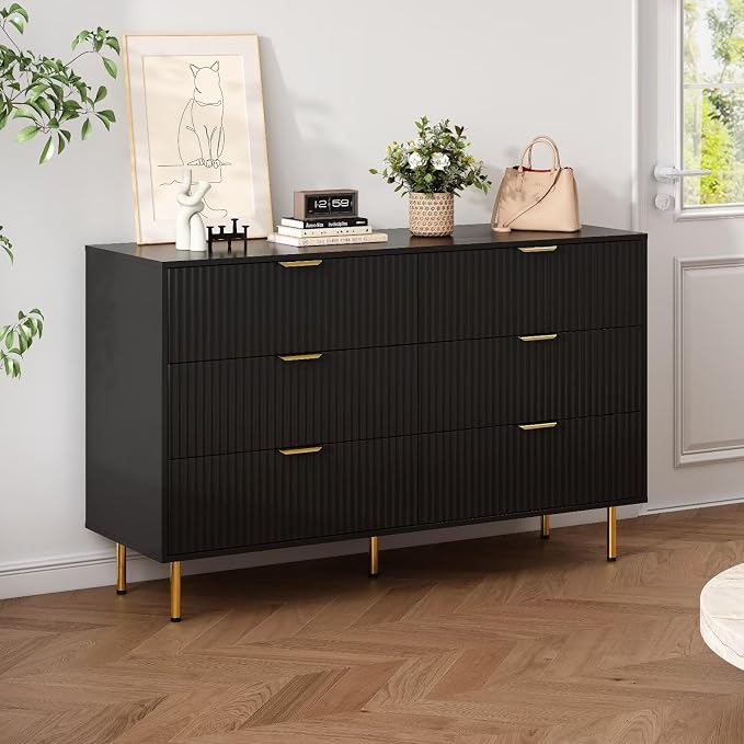 Fluted Black 6 Drawers Dresser for Bedroom, 56 inch Wide Chest of Drawer Dressers with Gold Handle, Modern Wooden Closet Clothes Storage Organizer Cabinet Table Dresser for Living Room