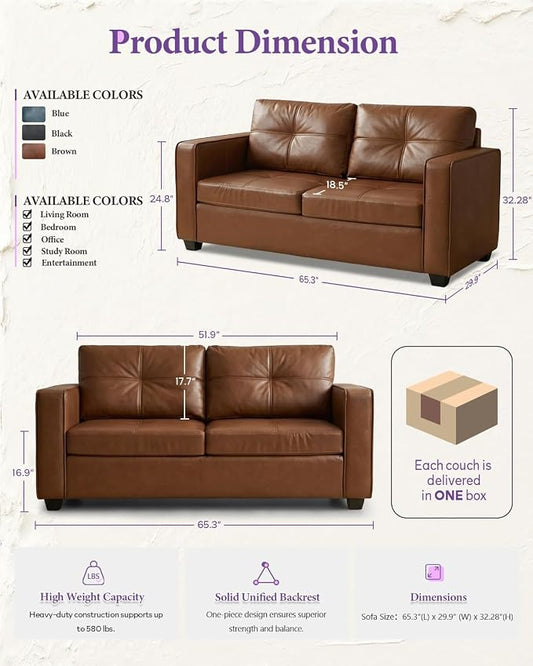 TYBOATLE 65" Faux Leather Love Seat Sofa for Living Room, Modern Tufted Comfy Loveseat w/USB Charging Ports and Wide Arms, 2 Seater Office Small Couch for Small Space Bedroom, Brown