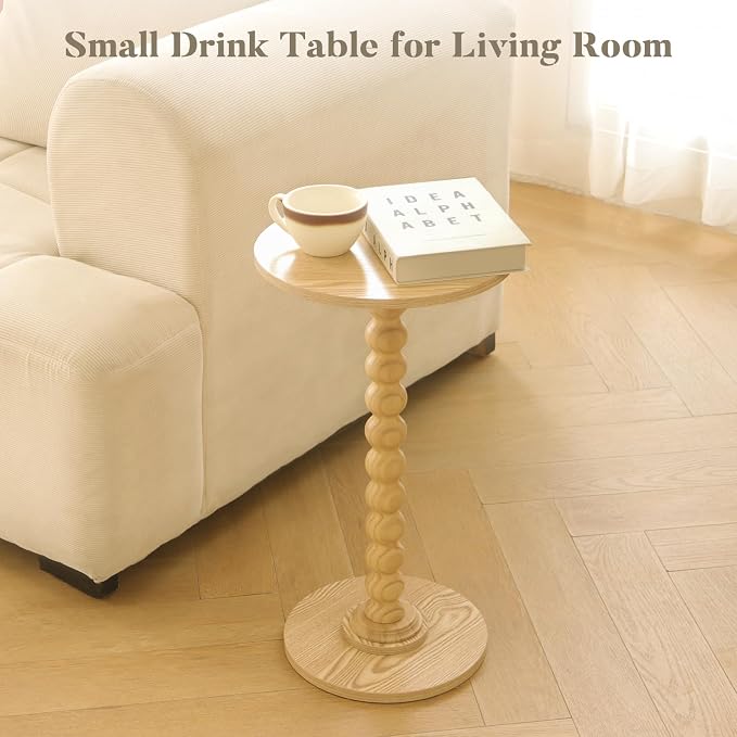 Fultyle Round Side Table, Small Drink Table for Small Spaces, Modern Accent End Table with Solid Wood Leg for Living Room, Bedroom, Corners, and Office (Natural)