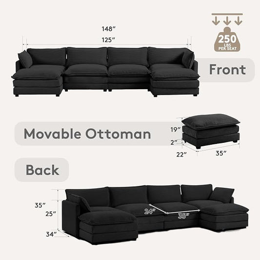 ROWHY 148'' Sectional Cloud Couch with 2 Ottomans, Oversized 4 Seat Sleeper Sofa with 2 Throw Pillows, Convertible Upholstered U Shaped Cozy Sofa Furniture Set for Living Room and Office, Black