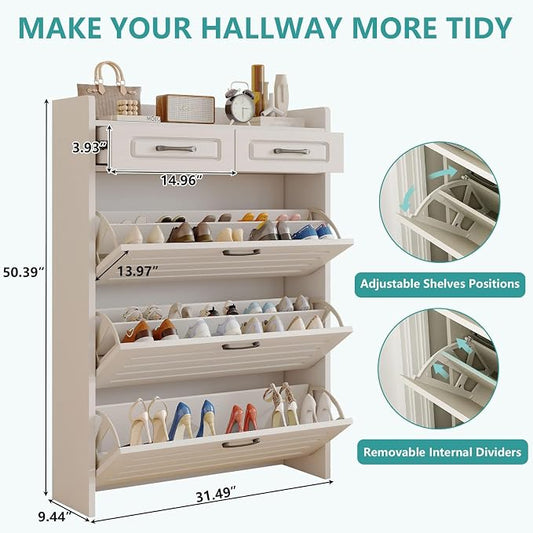 Shoe Cabinet with 3 Large Flip Drawers and 2 Storage Drawers, Narrow Shoe Organizer Cabinet Fits for Kinds of Shoes, Slim Shoe Storage Cabinet for Entryway, Hallway, White