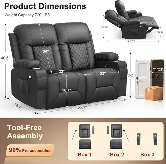 RV Loveseat Recliner Sofa, Reclining Loveseat Wall Hugger Recliners with USB Ports, Cup Holders, Insert Pockets, RV Recliners for Travel Trailers & Living Room, RV Furniture | RV Couch | Black