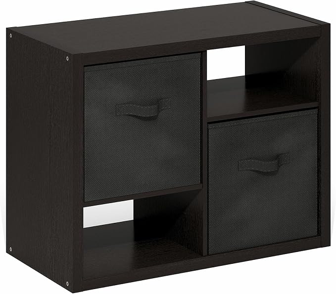 Furinno Viola Storage Shelf, 2-Tier Display Rack with 2 Drawer Bins, Extra Thick Frame Bookshelf, Reversible, for Organization, Living Room, Home Office, Black Dark Oak