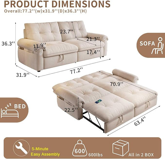 77.2'' Pull Out Couch Full Size, Pre-Assembled Sleeper Sofa Bed, Flannel Convertible Futon Sofa Bed with Adjustable Backrest, USB, Side Pocket, Loveseat for Living Room, Apartment, Beige