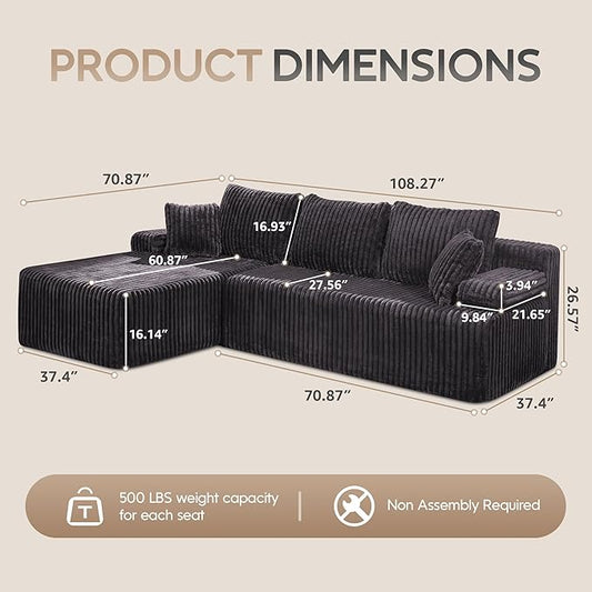 Hobestluk Boneless Couch Modular Sectional Sofa L-Shape Oversized Chaise | 108" Left Facing Chaise Darkgrey,Memory Foam,Removable Cover,Non-slip Bottom,No Assemble Required,Living Room Furniture