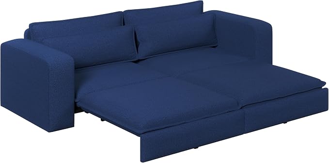 93" King Pull Out Sofa Bed, Boucle Sleeper Sofa Couch, Modern Wide Armrest, 3 in 1 Convertible Futon Couches for Living Room, Small Space, Apartment, Office, Bedroom, Blue