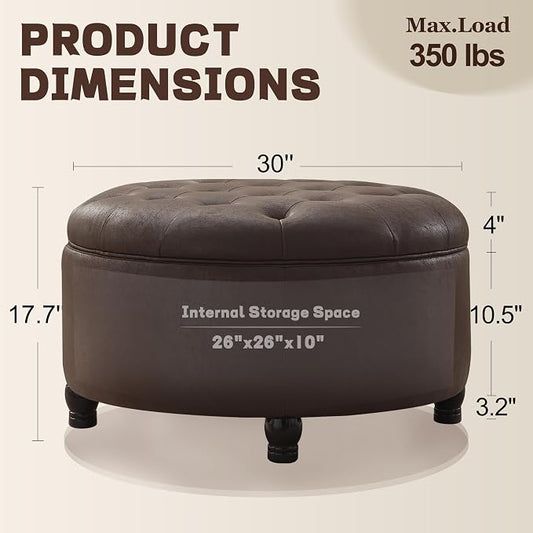 30-Inch Round Storage Ottoman, Button Tufted Ottoman Coffee Table with Removable Top for Living Room, Bedroom, Office (Dark Brown)