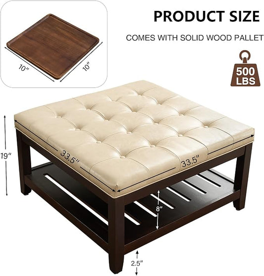 adochr 33'' PU Leather Large Square Ottoman Coffee Table with Storage, Upholstered Button Tufted Footrest Ottoman with Solid Wooden Tray,Coffee Table for Living Room,Ivory