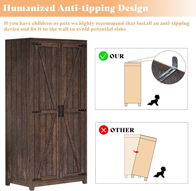 LUXOAK 70" Large Armoire Wardrobe Closet with Hanging Rod, Farmhouse Clothing Storage Cabinet with 2 Barn Doors, Wooden Tall Bedroom Armoires with Shelf, Espresso