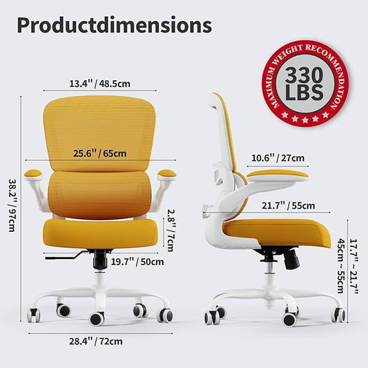 TRALT Office Chair - Ergonomic Desk Chair with Adjustable Lumbar Support, Mesh Computer Chair, Executive Chairs for Home Office Comfortable Lumbar Support (White Yellow)